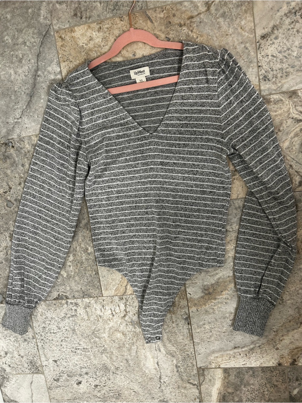 Beautiful UpWest Gray Striped V-Neck Long Sleeve soft Sweater Bodysuit
